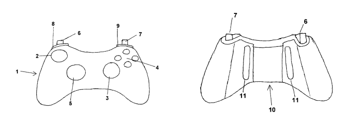 Figures 1 and 2 of U.S. Patent No. 8,641,525, front and rear views of a game controller with rear paddle controls