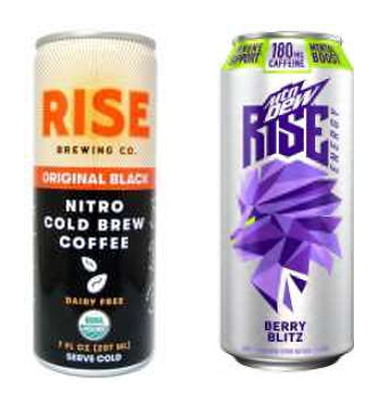 Rise Brewing RISE nitro cold brew coffee can beside a PepsiCo MTN DEW RISE ENERGY can