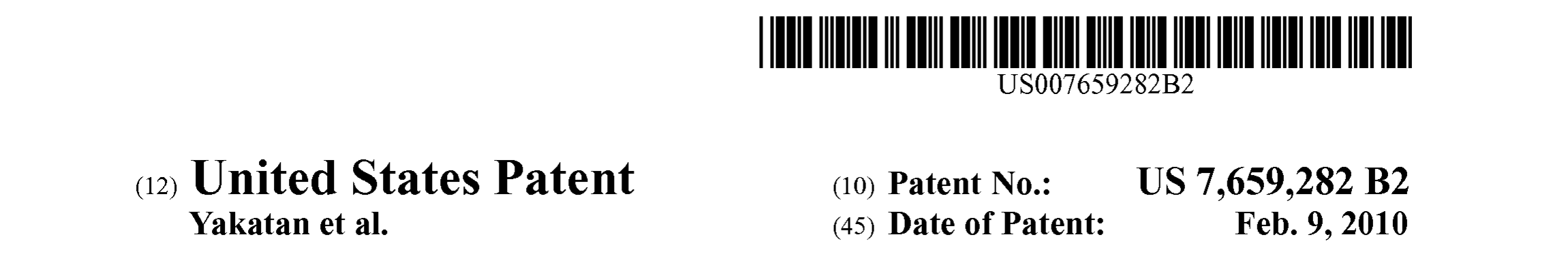 Masthead of U.S. Patent No. 7,659,282, issued February 9, 2010, to Yakatan et al., assigned to Avanir Pharmaceuticals